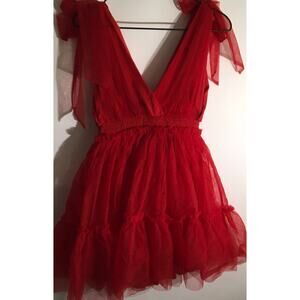 Thirty Thirty Women's Sz Medium Red Shoulder Tie Flirty Tulle Mini Party Dress